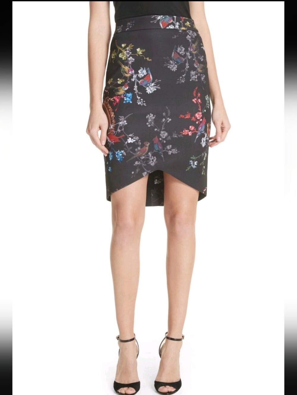 Ted Baker London Opulent Fauna Hi-Lo Pencil Skirt Size 4 floral bird black